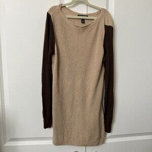Lauren Ralph Lauren Sweater Womens L Tan Brown Long Line Neutral Knit Cotton
